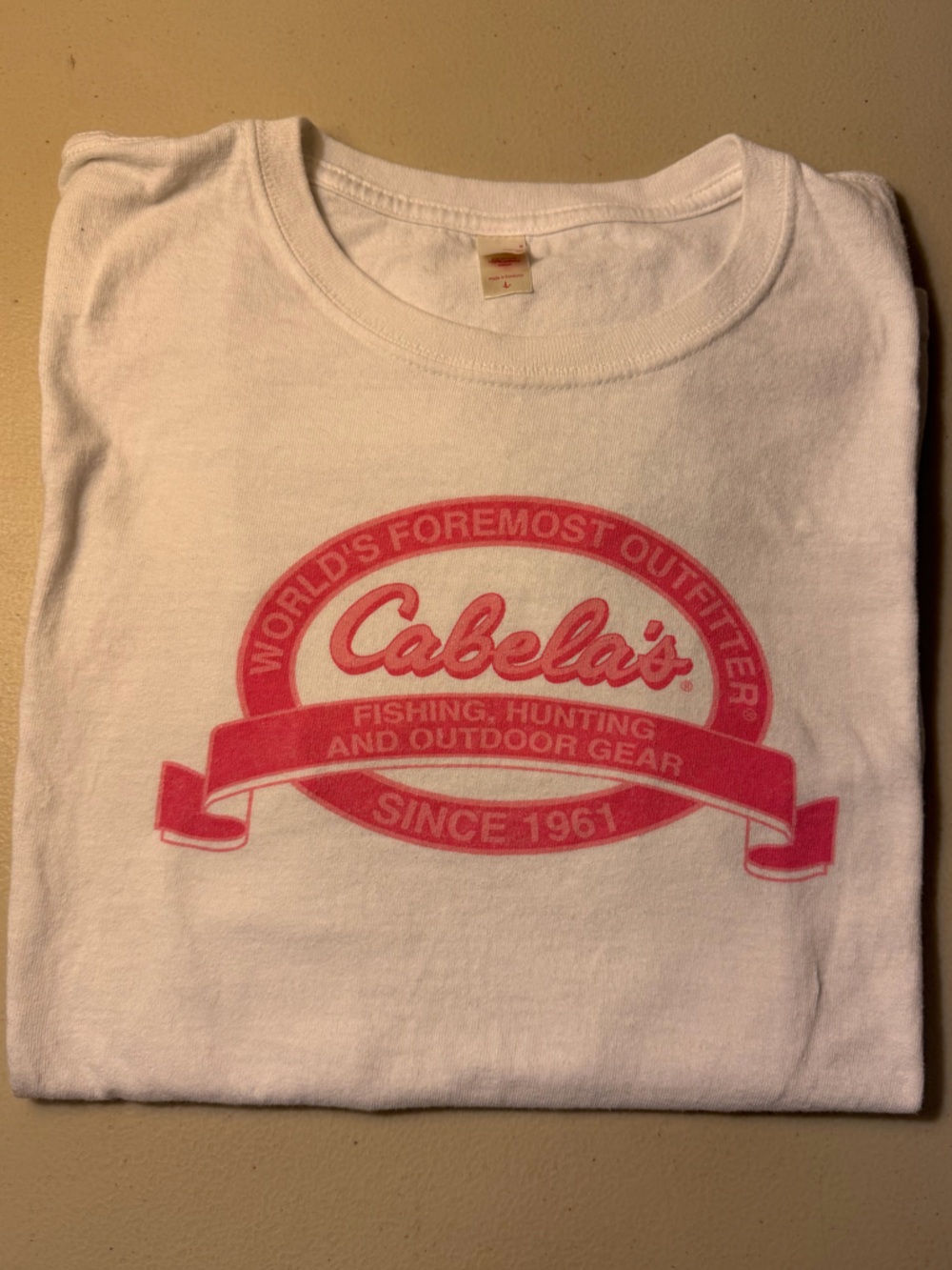 Cabela's White Tee with Pink Logo Graphic